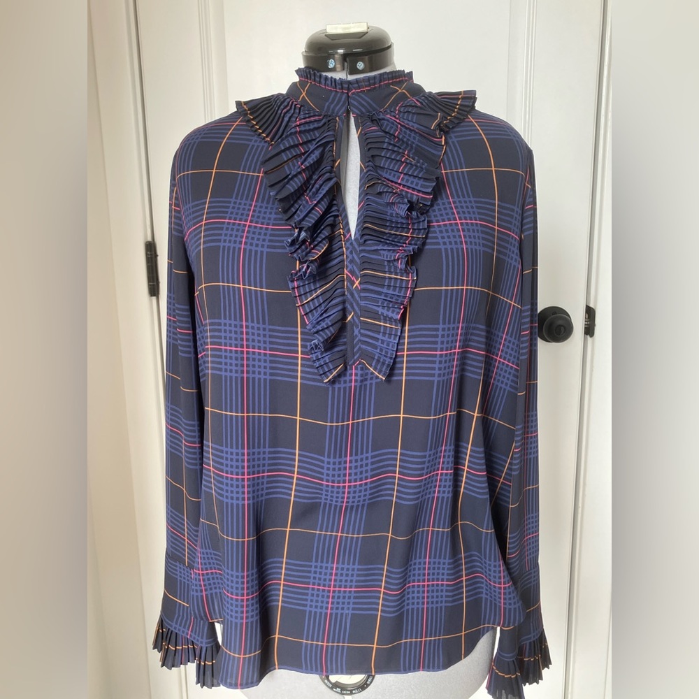 Ann Taylor Navy and Pink Plaid Ruffle Blouse